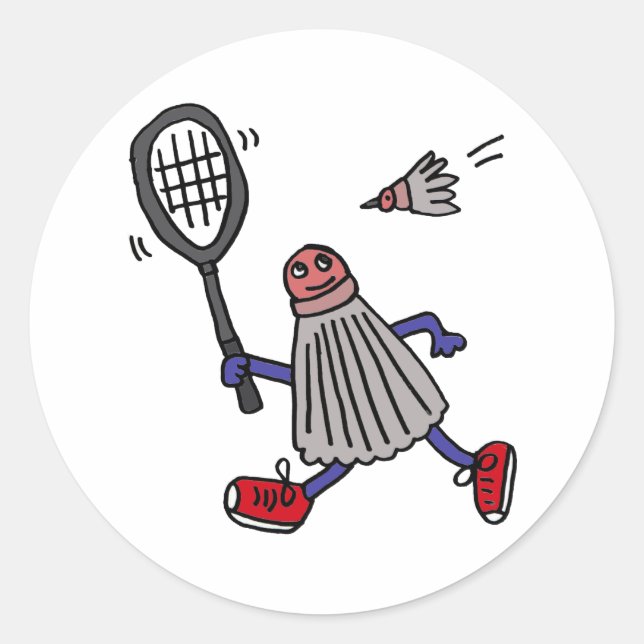 Adesivo Redondo AU- Badminton Birdie Jogando Cartoon de Badminton (Frente)