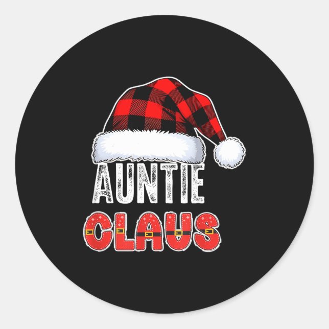 Adesivo Redondo Auntie Claus Buffalo Plaid Red Santa Hat Christmas (Frente)