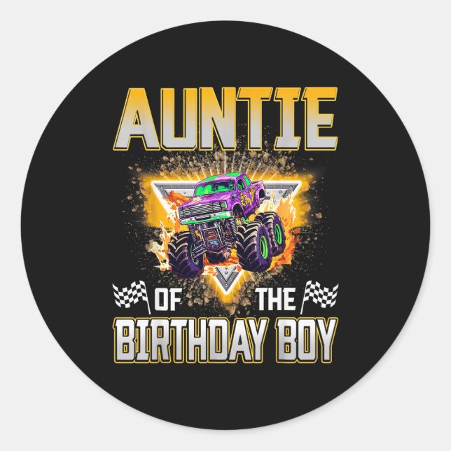 Adesivo Redondo Auntie Of The Birthday Boy Monster Truck Birthday  (Frente)