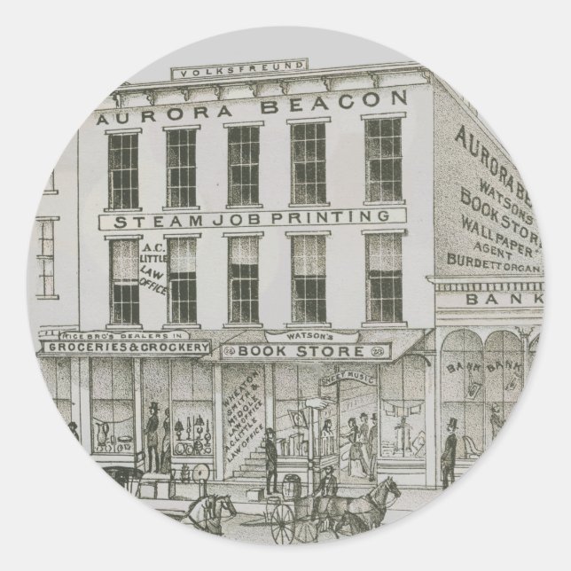 Adesivo Redondo Aurora Illinois Aurora Beacon News 1871 Stone Lith (Frente)