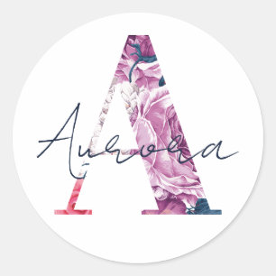 Adesivo Redondo Aurora Name Custom Sticker Girls Label Floral A