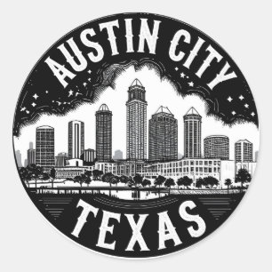 Adesivo Redondo Austin City Texas Skyline Retro Black & White Art