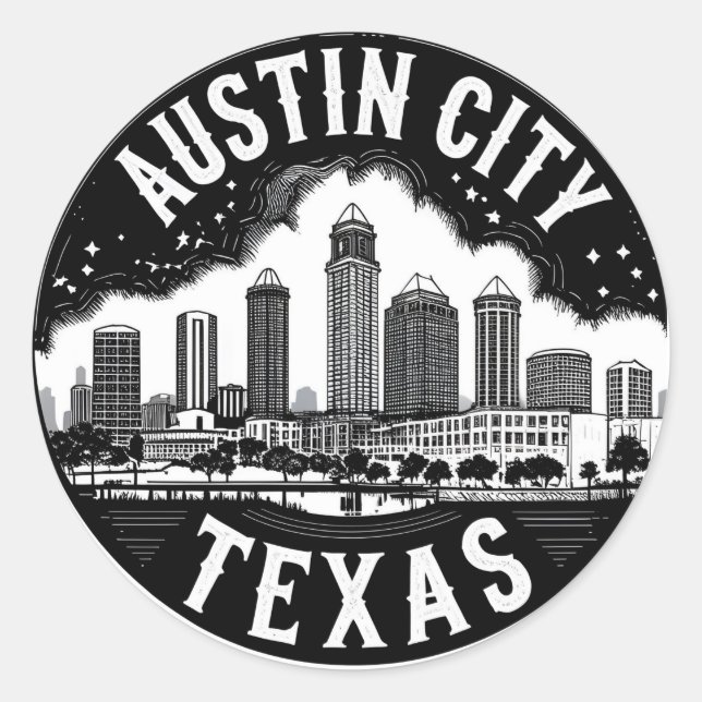 Adesivo Redondo Austin City Texas Skyline Retro Black & White Art (Frente)