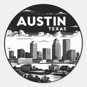 Adesivo Redondo Austin City Texas Skyline Retro Black & White Art