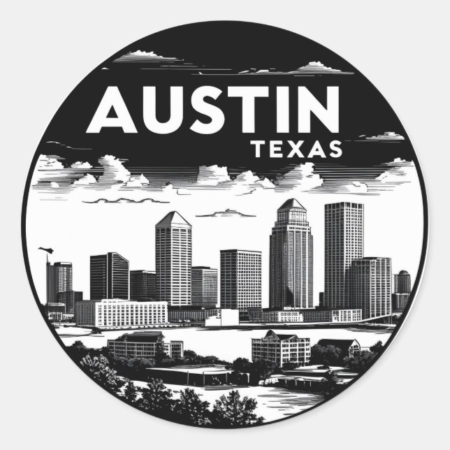 Adesivo Redondo Austin City Texas Skyline Retro Black & White Art (Frente)