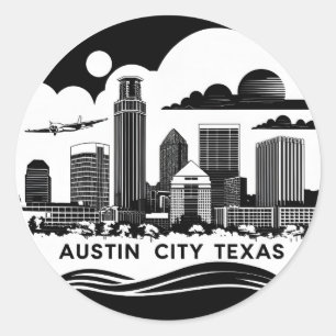 Adesivo Redondo Austin City Texas Skyline Retro Black & White Art