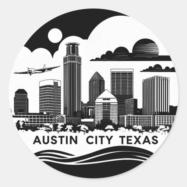Adesivo Redondo Austin City Texas Skyline Retro Black & White Art (Frente)