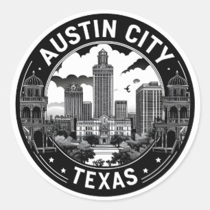 Adesivo Redondo Austin City Texas Skyline Retro Black & White Art