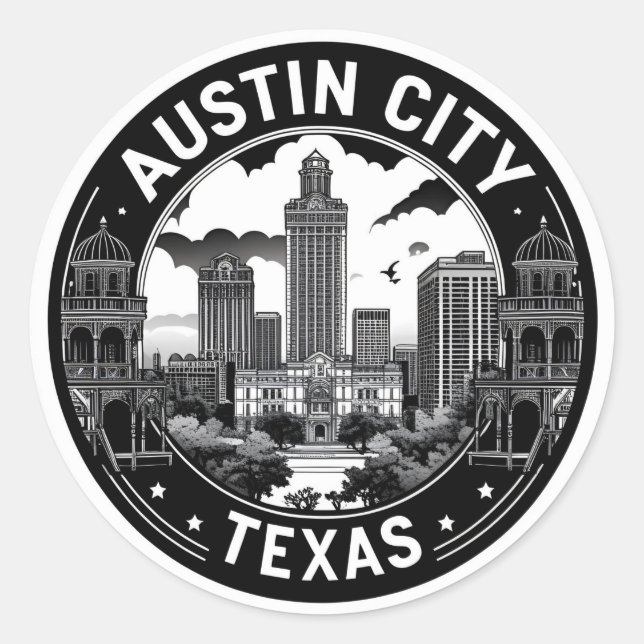 Adesivo Redondo Austin City Texas Skyline Retro Black & White Art (Frente)