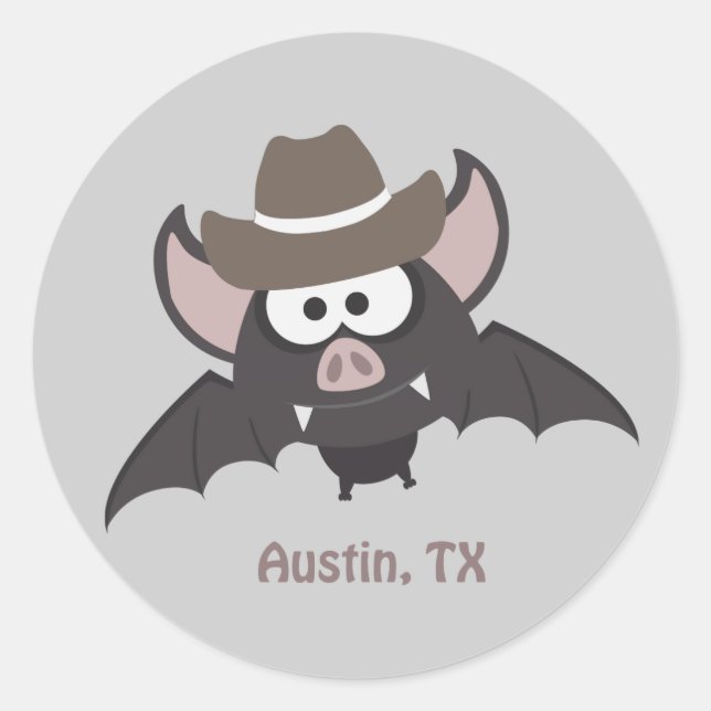 Adesivo Redondo Austin Texas Cute Cartoon Cowboy Bat (Frente)