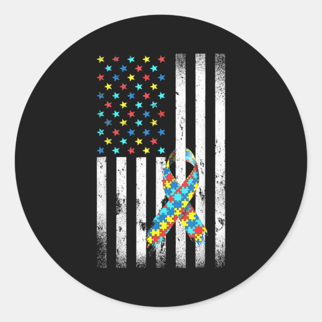 Adesivo Redondo Autism Awareness Distressed American Flag Puzzle (Frente)