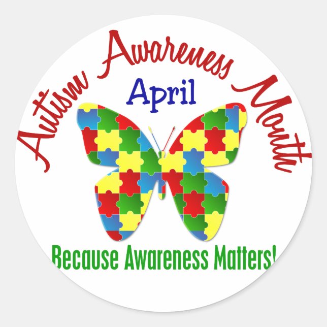 Adesivo Redondo AUTISM AWARENESS MONTH ABRIL Quebra-cabeça Butterf (Frente)