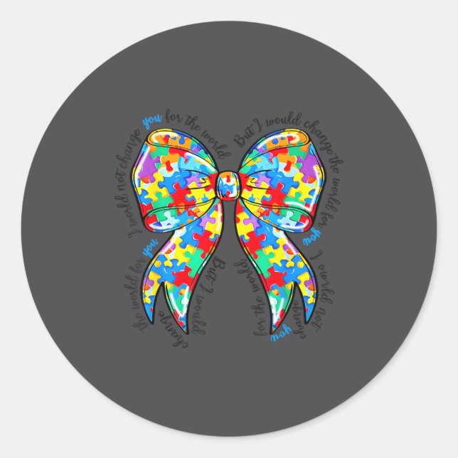 Adesivo Redondo Autism Coquette Bow Puzzle Autism Awareness Proud  (Frente)