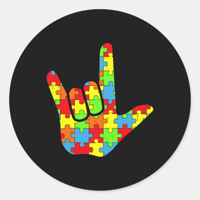 Adesivo Redondo Autismo ASL Love Sign Language Autism Awarz Puz (Frente)