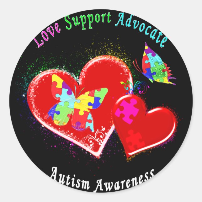 Adesivo Redondo Autismo Borboletas em Corações (Frente)