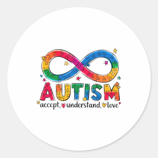 Adesivo Redondo Autismo Conscientista Accept Compreende Amor Com A (Frente)