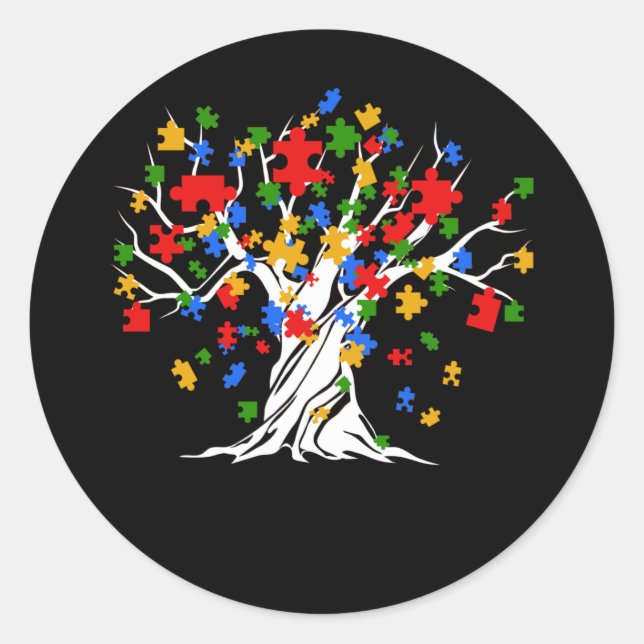 Adesivo Redondo Autismo de Árvore Quebra-cabeça de Conscientização (Frente)