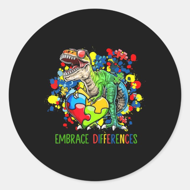 Adesivo Redondo Autismo Diferenças de Embrace Dinossauro T-Rex Cri (Frente)