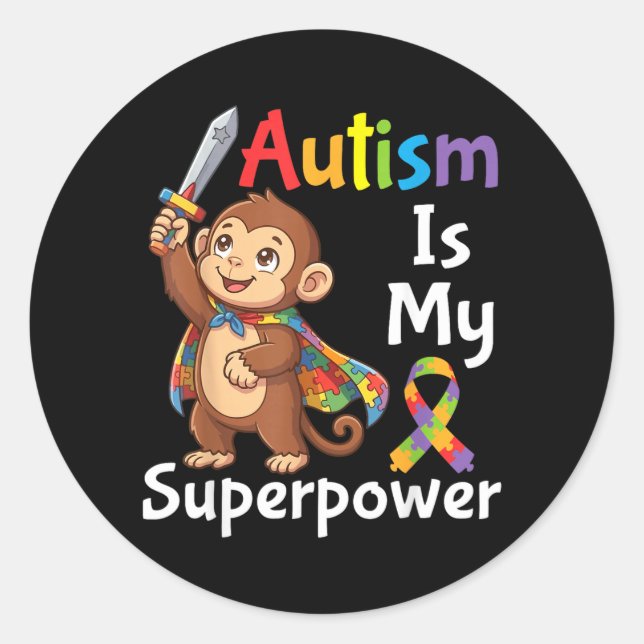 Adesivo Redondo Autismo é Macaco de Cape Puzzle de Superpoder Cons (Frente)