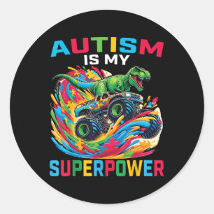 Adesivo Redondo Autismo É Meu Superpoder Dino T Rex Monster Truck