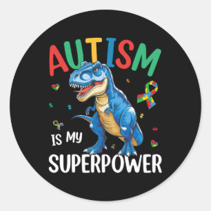 Adesivo Redondo Autismo É Meu Superpoder Dinossauro T-rex Autismo