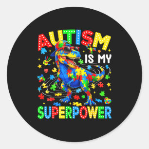 Adesivo Redondo Autismo é superpoder dinossauro t-rex autismo