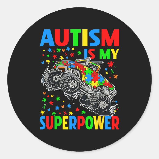 Adesivo Redondo Autismo Meu Superpoder Caminhão Monstro Crianças M (Frente)