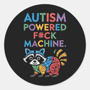 Adesivo Redondo Autismo Powered F#k Machine Engraçado Meme Raccoon