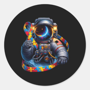 Adesivo Redondo Autismo Sensibilização Astronauta Cão Vermelho Ama