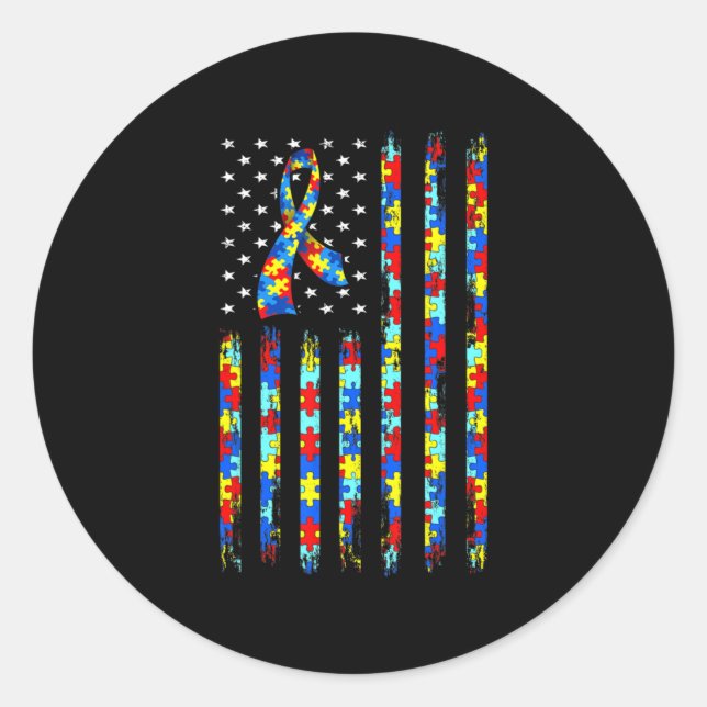 Adesivo Redondo Autismo Sensibilização Camisa Bandeira Americana Q (Frente)
