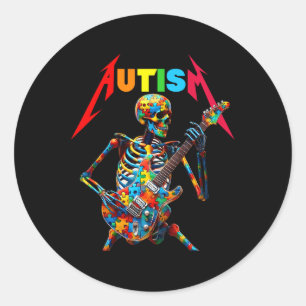 Adesivo Redondo Autismo Skeleton Guitar Player Rock Music Autism A