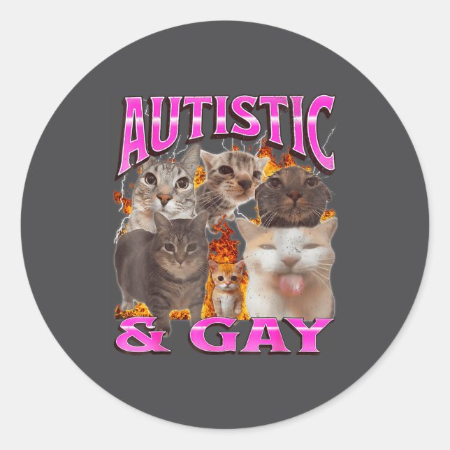 Adesivo Redondo Autistic And Gay Funny Cat Meme Bootleg Graphic  (Frente)