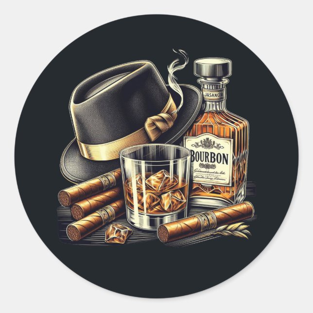 Adesivo Redondo Autocolante clássico de charutos e Bourbon (Frente)