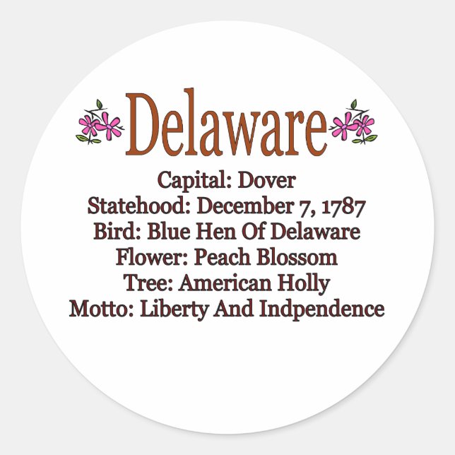 Adesivo Redondo Autocolante de Informações do Estado Delaware (Frente)