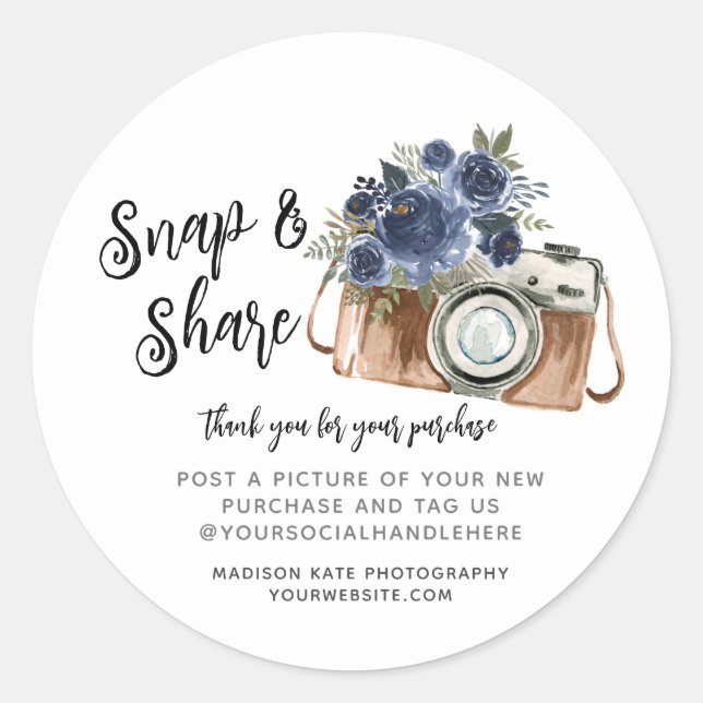 Adesivo Redondo Autocolante de vendas da câmera Snap e Share (Frente)