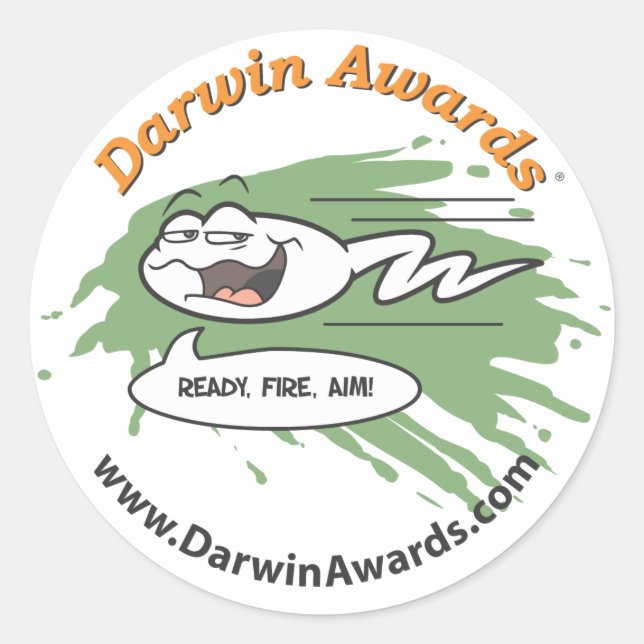 Adesivo Redondo Autocolante espermatozoide - Pronto, Fogo, Aim (Frente)