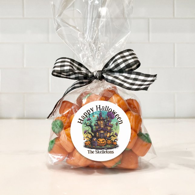 Adesivo Redondo Autocolante Personalizado - Casa Assombrada (Personalized Family Halloween Candy Bag Sticker)