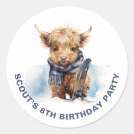 Adesivo Redondo Autocolante Personalizado de Vaca Highland Snowboa