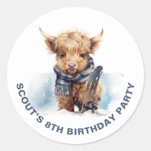 Adesivo Redondo Autocolante Personalizado de Vaca Highland Snowboa