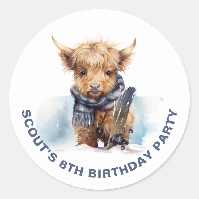 Adesivo Redondo Autocolante Personalizado de Vaca Highland Snowboa (Frente)