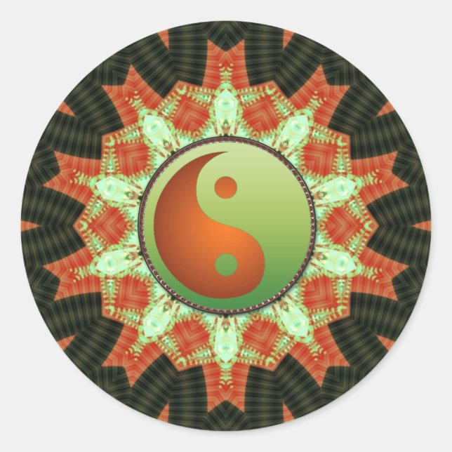 Adesivo Redondo Autocolante Yin Yang Mandala, em verde e bronze (Frente)