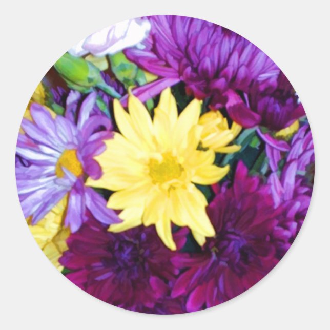 Adesivo Redondo Autocolantes com invólucro floral púrpura e amarel (Frente)