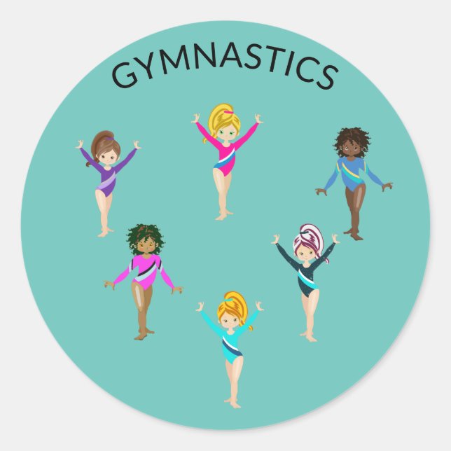 Adesivo Redondo Autocolantes de ginástica com 6 ginastas (Frente)