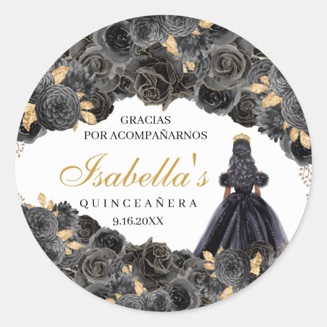 Adesivo Redondo Autocolantes de Quinceanera, Floral, Pretos e Dour (Frente)