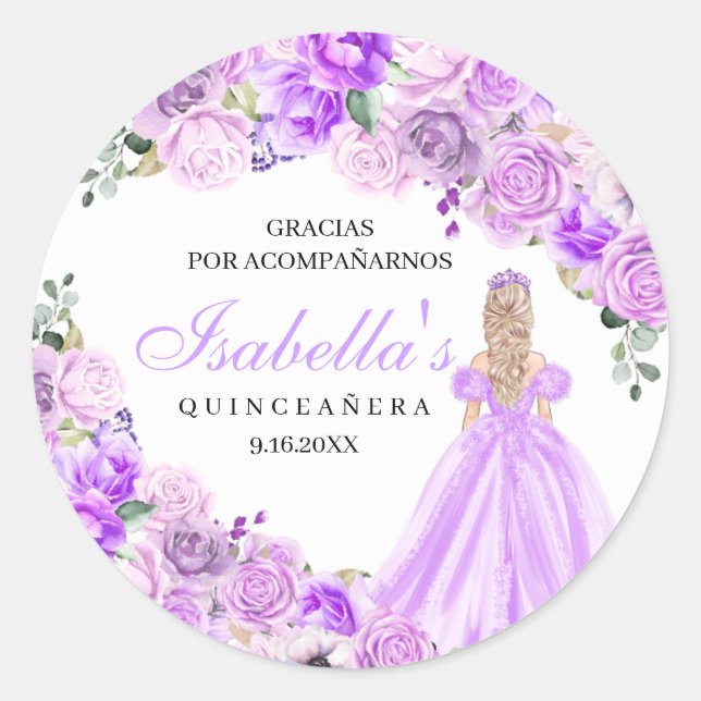 Adesivo Redondo Autocolantes de Quinceanera, Floral, Roxo (Frente)