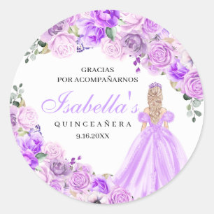 Adesivo Redondo Autocolantes de Quinceanera, Floral, Roxo
