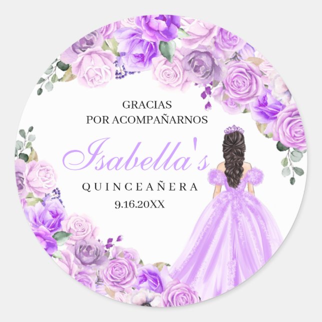 Adesivo Redondo Autocolantes de Quinceanera, Floral, Roxo (Frente)