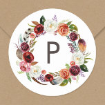 Adesivo Redondo Autumn Boho Blooms Wreath Wedch Monograma<br><div class="desc">Etiquetas redondas com impressão personalizada, com uma coroa floral de cor aquosa, em cores de queda rústica. Personalize-o com o seu monograma inicial ou outro texto personalizado. Use as ferramentas de design para alterar as fontes de texto e as cores ou adicionar suas próprias fotos para criar uma única de...</div>