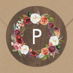 Adesivo Redondo Autumn Boho Blooms Wreath Wedch Monograma<br><div class="desc">Etiquetas redondas com impressão personalizada, com uma coroa floral de cor aquosa, em cores de queda rústica, num fundo de madeira falsa. Personalize-o com o seu monograma inicial ou outro texto personalizado. Use as ferramentas de design para alterar as fontes de texto e as cores ou adicionar suas próprias fotos...</div>
