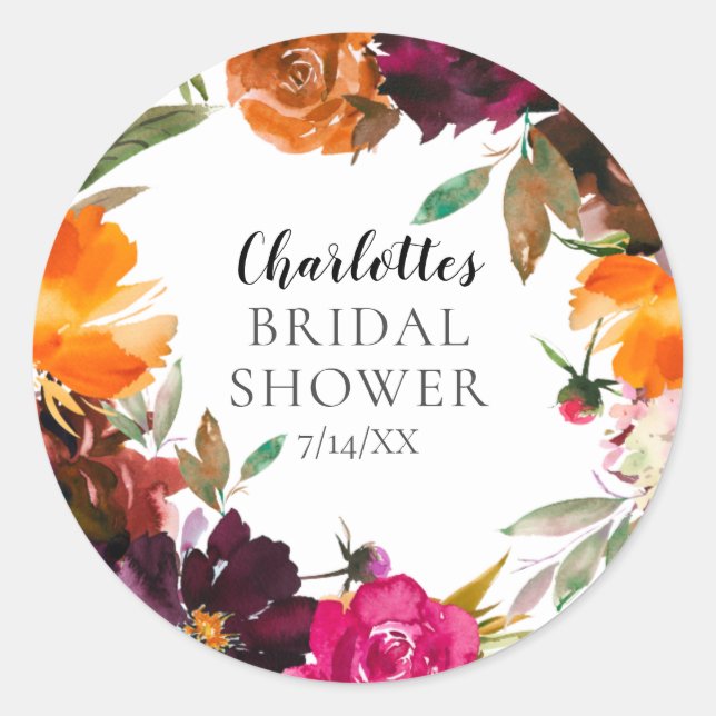 Adesivo Redondo Autumn Burgundy & Orange Floral Chá de panela (Frente)